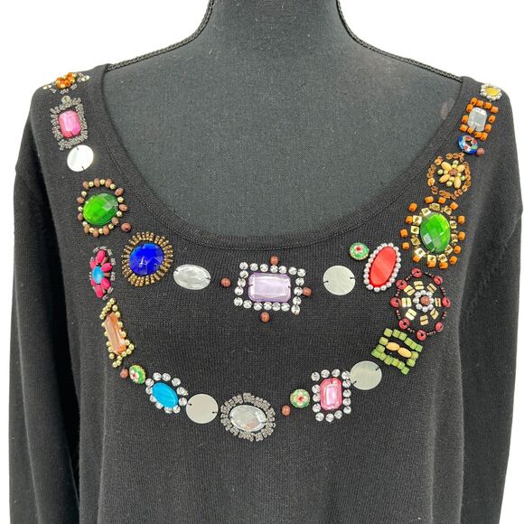 Jack B Quick Jeweled Black Embellished Sequins Beaded Cotton Blend Sweater XL - Picture 3 of 6